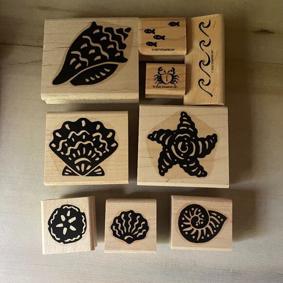 VTG 90s Y2K sea shell nautical beach 9 Stampin it Up wood mount rubber stamps - Picture 1 of 9